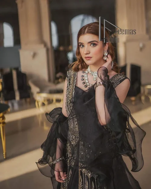 Wear black in-depth to lead colourful lives. DeemasFashion presents black party wear which includes a front open maxi having light
