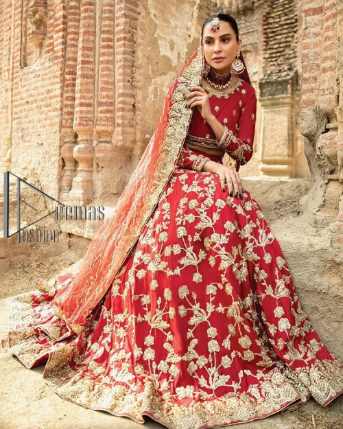 Begin your new life by wearing a romantic deep red outfit. Introducing this Pakistani reception wear that begins with a
