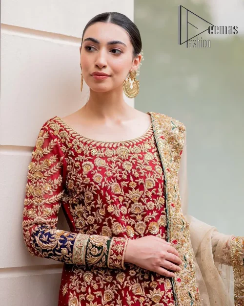 Embrace yourself with deep red on your big day. This deep red long shirt is meticulously hand-rendered with light golden