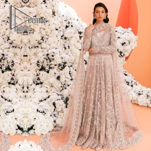 A magical evening, the moon reflects your face of you!  This romantic beige-pink front open maxi is laboriously decorated with