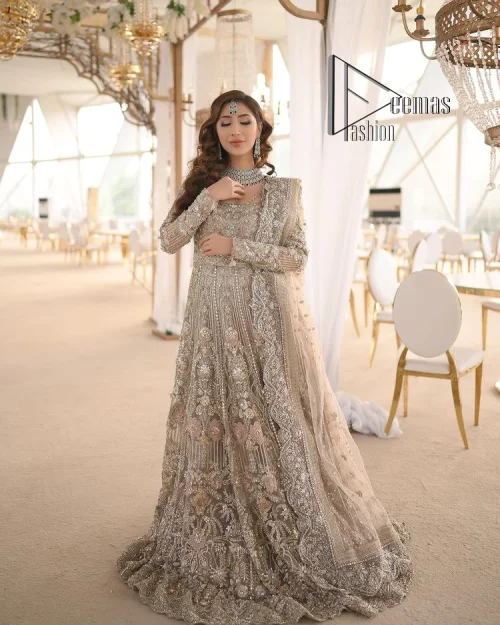 Start your new life by wearing DeemasFashion. Make your moment more memorable with light fawn heavy maxi nikah wear which