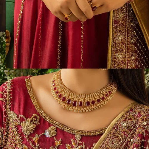 Maroon is the colour language to show bold and cuteness at the same time. DeemasFashion presents this Pakistani reception wear