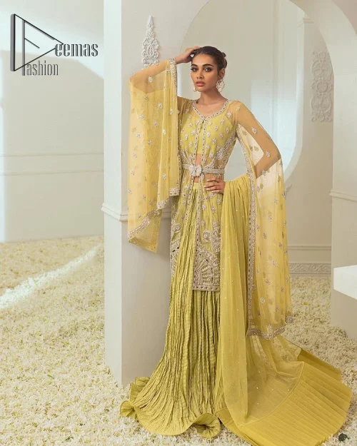 The love we share will make her mehndi day super duper amazing. This mehndi wears an olive front open shirt