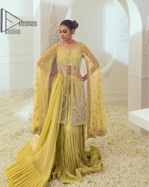 The love we share will make her mehndi day super duper amazing. This mehndi wears an olive front open shirt