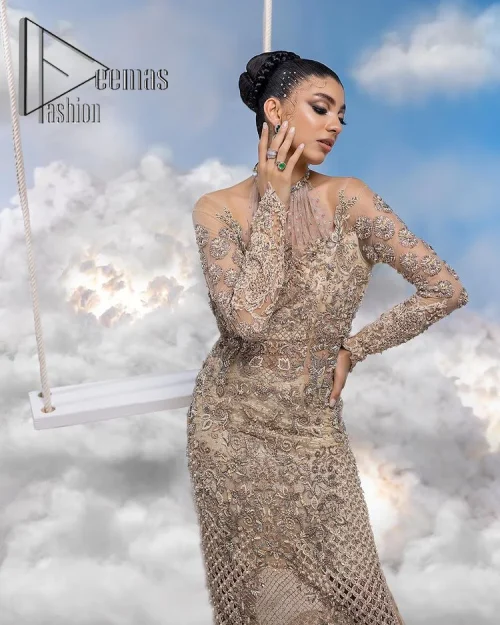 It was love at first swipe. A light fawn heavily hand-crafted maxi for an elegant daytime Nikah look. This light