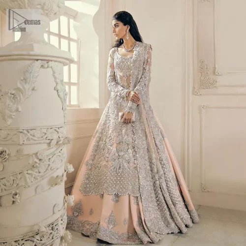 Get yourself a sweet treat, as this ensemble showcases the majestic light orange colour inscribed with lustrous embellishments. A combination