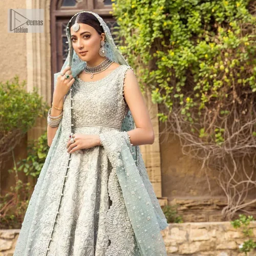 For the love of blue! A raw silk pale blue maxi with a heavy border is beautifully embroidered in silver