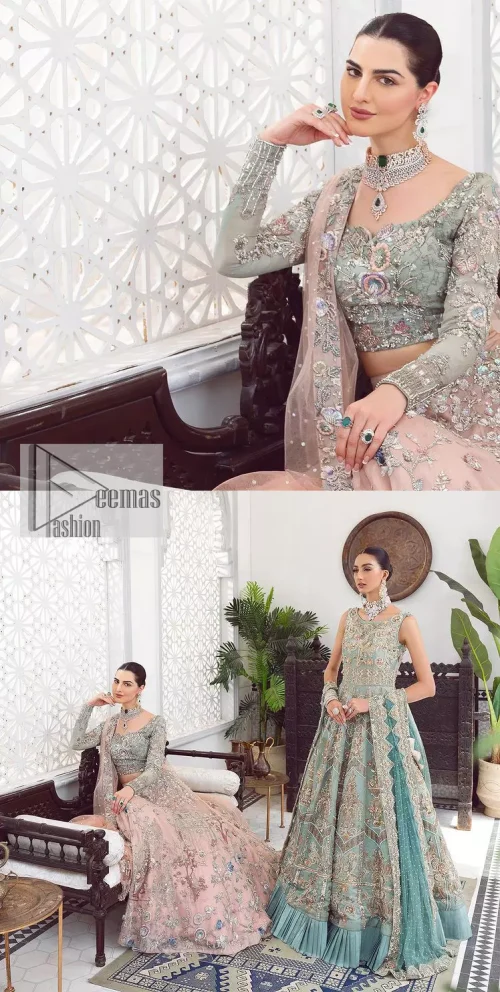 Be a fashion diva in this true modern classic Nikah outfit! The pale blue pleated maxi is handsomely adorned with