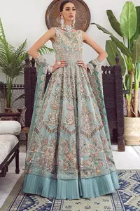 Be a fashion diva in this true modern classic Nikah outfit! The pale blue pleated maxi is handsomely adorned with multiple colour embroidery which is further enhanced with tilla, dabka, kora, Kundan and zardozi. The boat shape neckline makes a unique sense of the masterpiece when comes with sleeveless style. It is attractively organized with a dupatta in the same colour which is adorned with a four-sided border and enhanced with sequins sprayed all over to give you a modest look on your day.