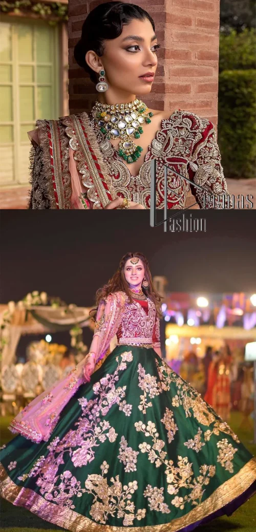 A combination of red and green are here to win hearts at your Mehndi. The attractive lehenga in green colour