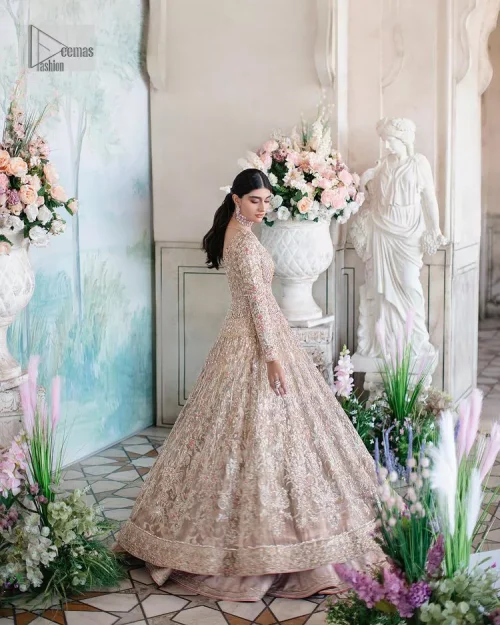 Make your Nikah look pop with the unique pieces from DeemasFashion. This pishwas is hand-embellished with multiple colour embroidery and