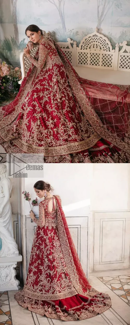 Bright and blissful! This ensemble is the epitome of grace.  The maxi is fully emblazoned with tilla, dabka, kora, Kundan