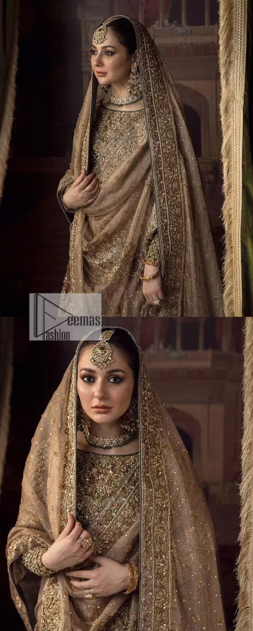 This alluring outfit is surely any girl’s dream. The hazel blouse is a magnificent choice which is ornamented with golden