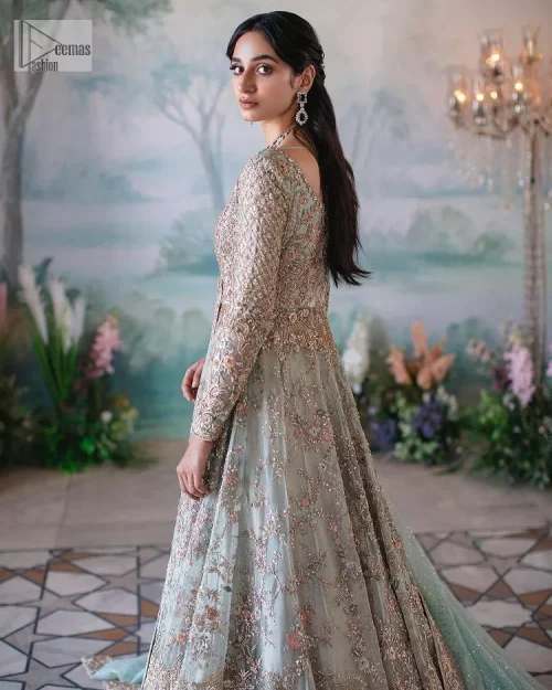 Unique embroidery designs to add some sparkle to your style on your Nikah! Light blue angrakha maxi with delicate multiple
