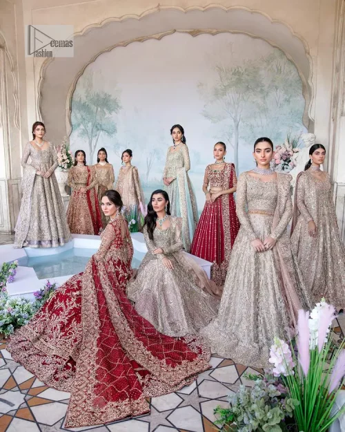 Bright and blissful! This ensemble is the epitome of grace.  The maxi is fully emblazoned with tilla, dabka, kora, Kundan