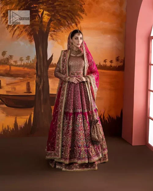 Experience the true essence of reception wear in alluring attires from DeemasFashion. The host pink pishwas is decorated with multiple