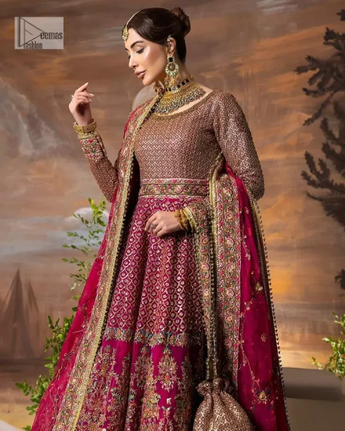 Experience the true essence of reception wear in alluring attires from DeemasFashion. The host pink pishwas is decorated with multiple