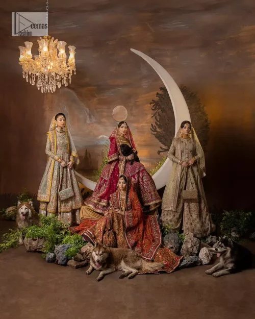 Experience the true essence of reception wear in alluring attires from DeemasFashion. The host pink pishwas is decorated with multiple