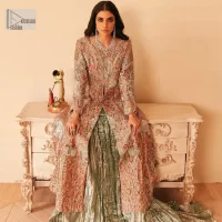 Peach Front Open Maxi – Crushed Lehenga – Dupatta - Image 10