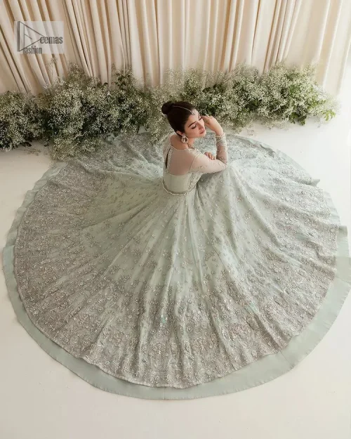 Exquisitely designed ensembles with delicate embroideries & traditional embellishments for nikah outfit statements. This beautiful maxi that comes in aqua