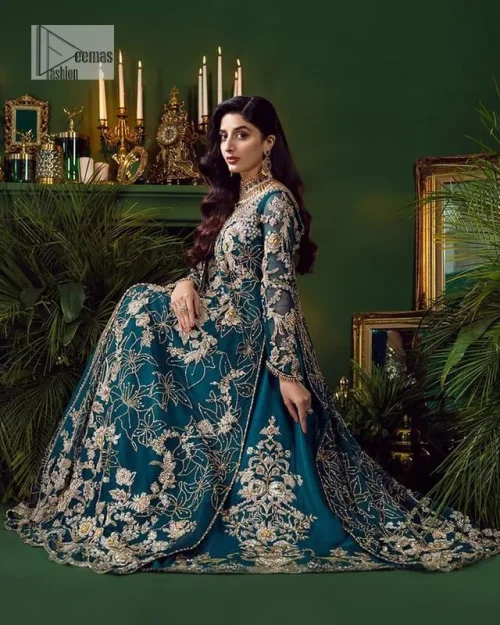 Let the outfit speak for itself! DeemasFashion presents this party wear in teal blue colour.  Be a centre of attraction