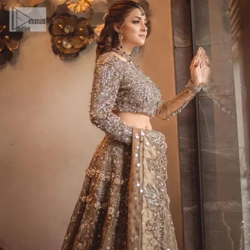 A dreamy statement of brown nikah outfit! This dress proffers a brown hue with its glamorous silver embroidery. The handsome