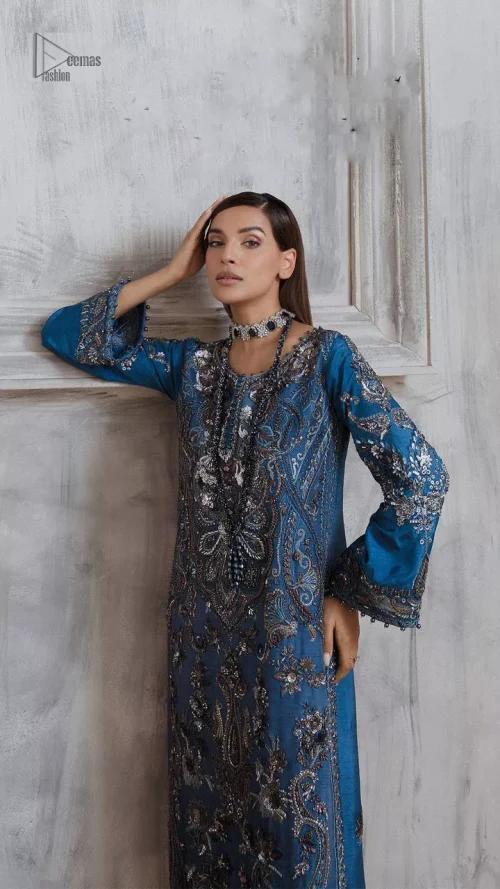 Dress up in this finest two-piece aesthetic party wear. A beautiful shirt in a cadet blue colour is a perfect