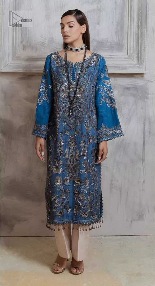 Dress up in this finest two-piece aesthetic party wear. A beautiful shirt in a cadet blue colour is a perfect