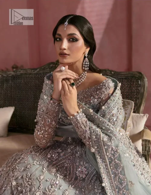 A timelessly classic and hot Nikah wear. DeemasFashion presents the flared maxi in grey colour which is heavily adorned with