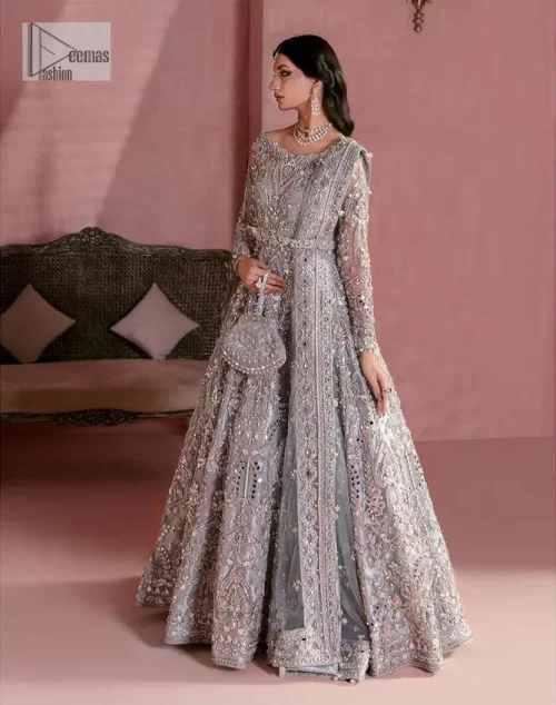 A timelessly classic and hot Nikah wear. DeemasFashion presents the flared maxi in grey colour which is heavily adorned with