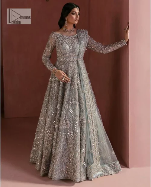 A timelessly classic and hot Nikah wear. DeemasFashion presents the flared maxi in grey colour which is heavily adorned with
