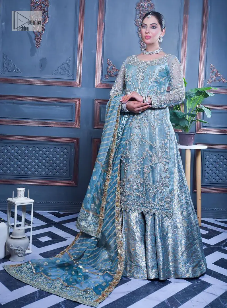 Serving looks we love. DeemasFashion presents this party outfit in sky blue colour which is adorned with silver embroidery and