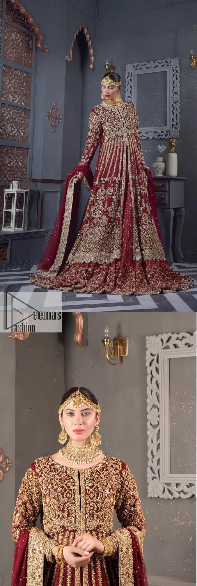 Bold and classy colour for the reception outfit! The maroon gown is breathtakingly adorned with hand-crafted embellishments and intricate designs.