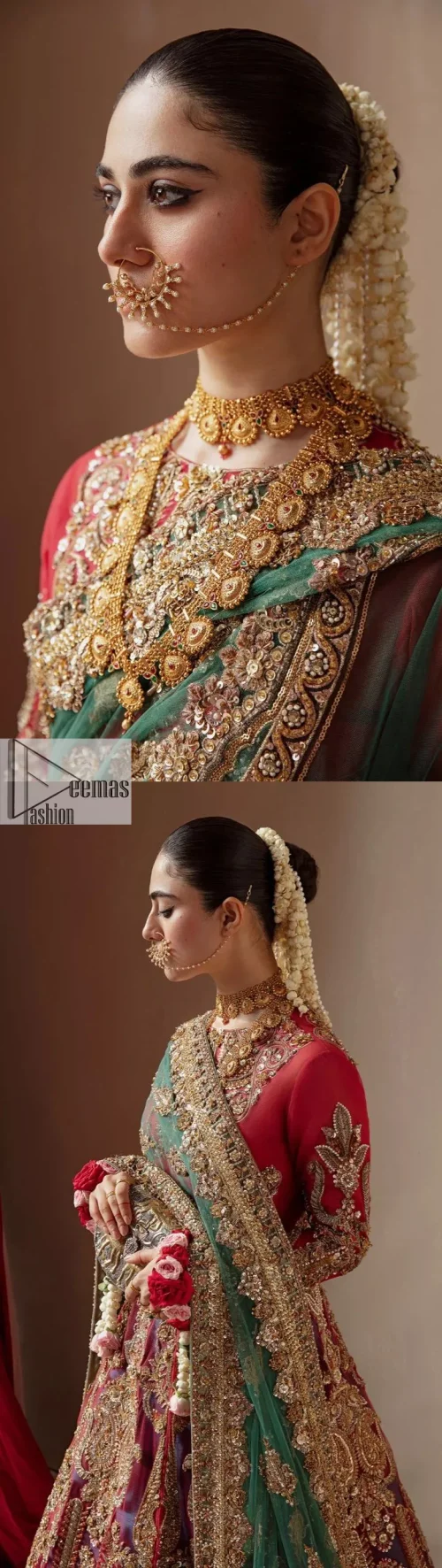 Colours, like features, follow the changes in the event. A magical ethereal multiple-colour maxi is delicately embellished with a shimmering