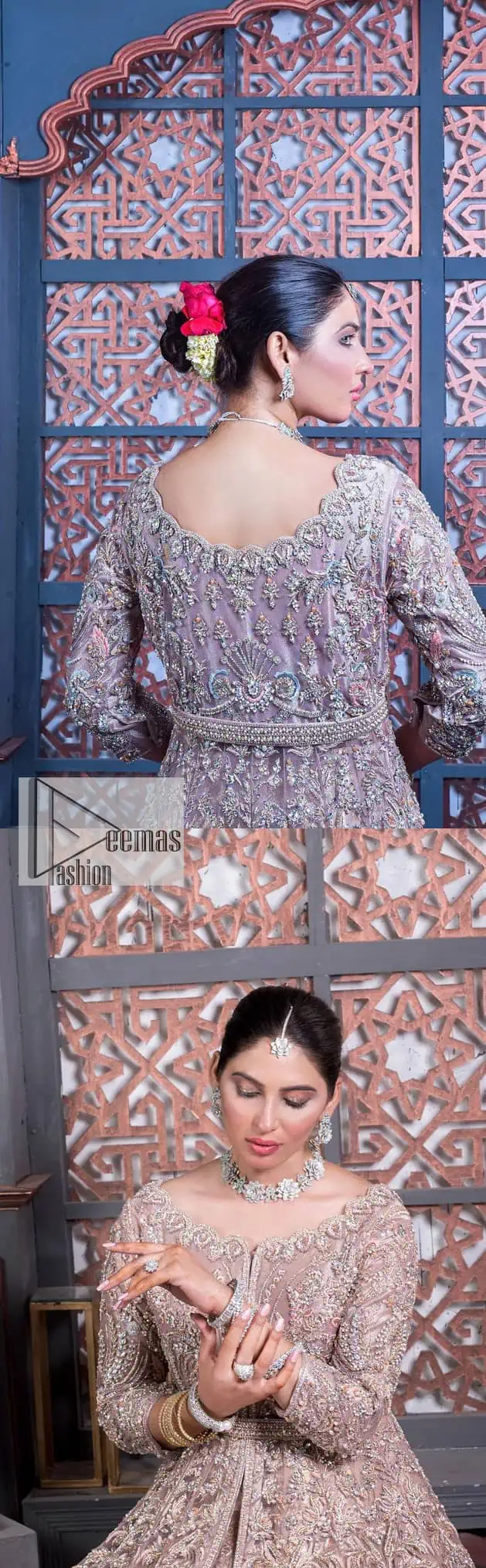 Tea Pink are always the hot trend for the walima outfit. Traditional designs and hand-crafted embellishments of the following maxi