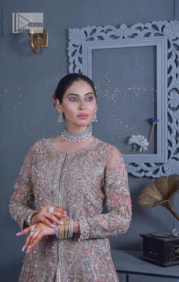 Get cosy in a tea rose nikah outfit. DeemasFashion presents this tea rose front open gown which is heavily embroidered