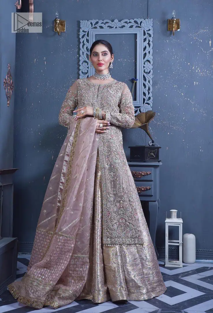 Get cosy in a tea rose nikah outfit. DeemasFashion presents this tea rose front open gown which is heavily embroidered