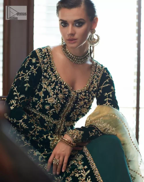 Outfits that define you. DeemasFashion presents the party wear in deep green colour which is adorned with light golden embroidery.