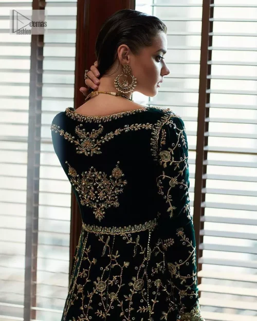Outfits that define you. DeemasFashion presents the party wear in deep green colour which is adorned with light golden embroidery.