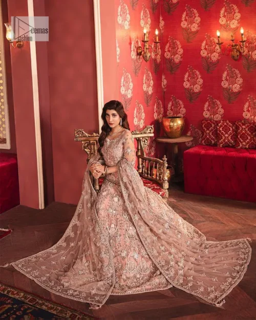 The beautiful outfit comes has an alluring peach colour and is gracefully emblazoned with embroidery. Hand-crafted details of tilla, dabka,