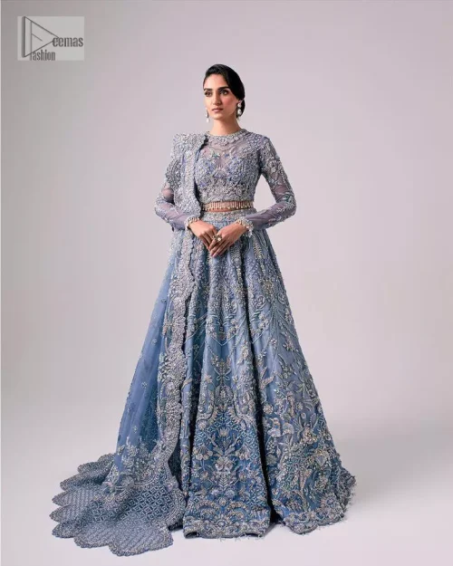 Stay blue and look your best! A sky blue lehenga choli is hand embellished with floral patterns and botanical motifs.