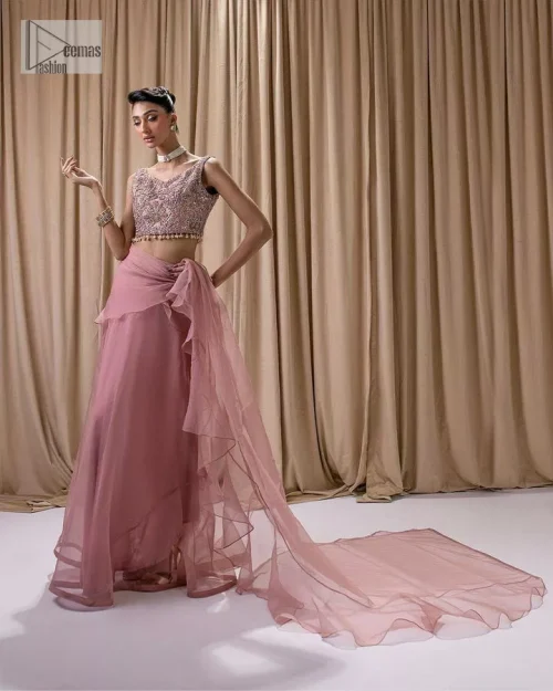 Turn heads in our stunning bridesmaid saree! The beautiful tea pink blouse is adorned with silver and golden embroidery which