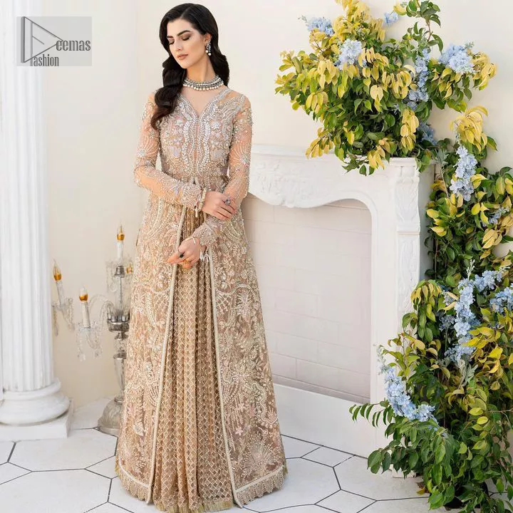 Light Brown Front Open Gown Flared Lehenga - Dupatta