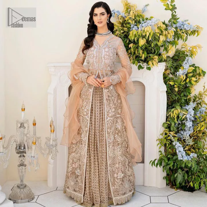 Light Brown Front Open Gown Flared Lehenga - Dupatta Light Brown Front Open Gown Flared Lehenga - Dupatta