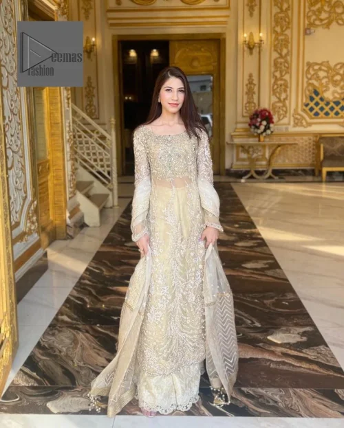 Bringing in the Nikah spirit with some flowers. Exquisite nikkah long shirt dress in pale green colour with silver pearl,