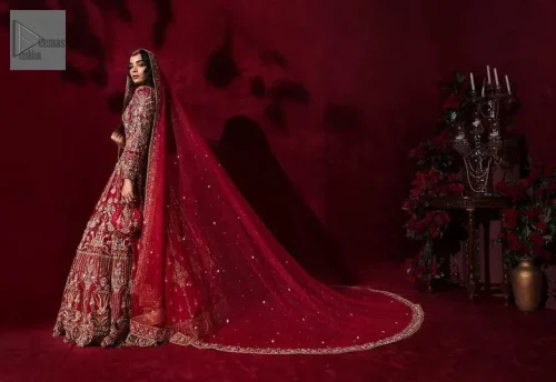 DeemasFashion presents a lehenga choli in a deep red color.