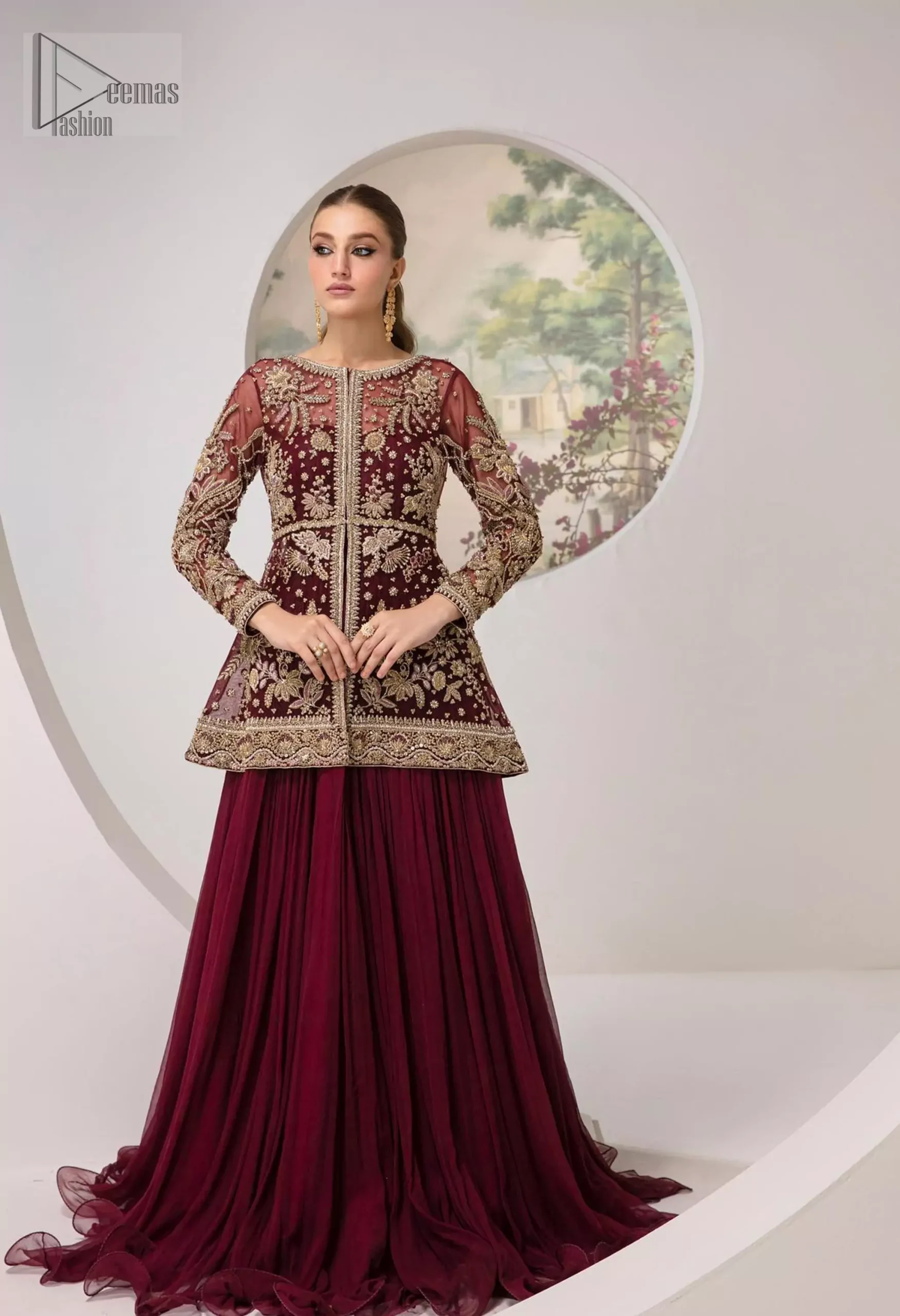 You are introducing our Maroon Party dress, a true embodiment of purity and simplicity for your special ceremony. This elegant ensemble is thoughtfully designed with dark antique shades of embroidery which involves tilla, dabka, Kora, Kundan and minimalist silhouette, allowing your natural beauty to shine on this sacred occasion. Crafted from the finest fabrics, it is organized with an inner maxi, giving you grace as you exchange your vows. The classic heavy dupatta in the same colour symbolizes the essence of the event, while delicate embellishments add a touch of sophistication. Make your union even more memorable with our party wear, perfectly tailored to honour the solemnity of the moment.