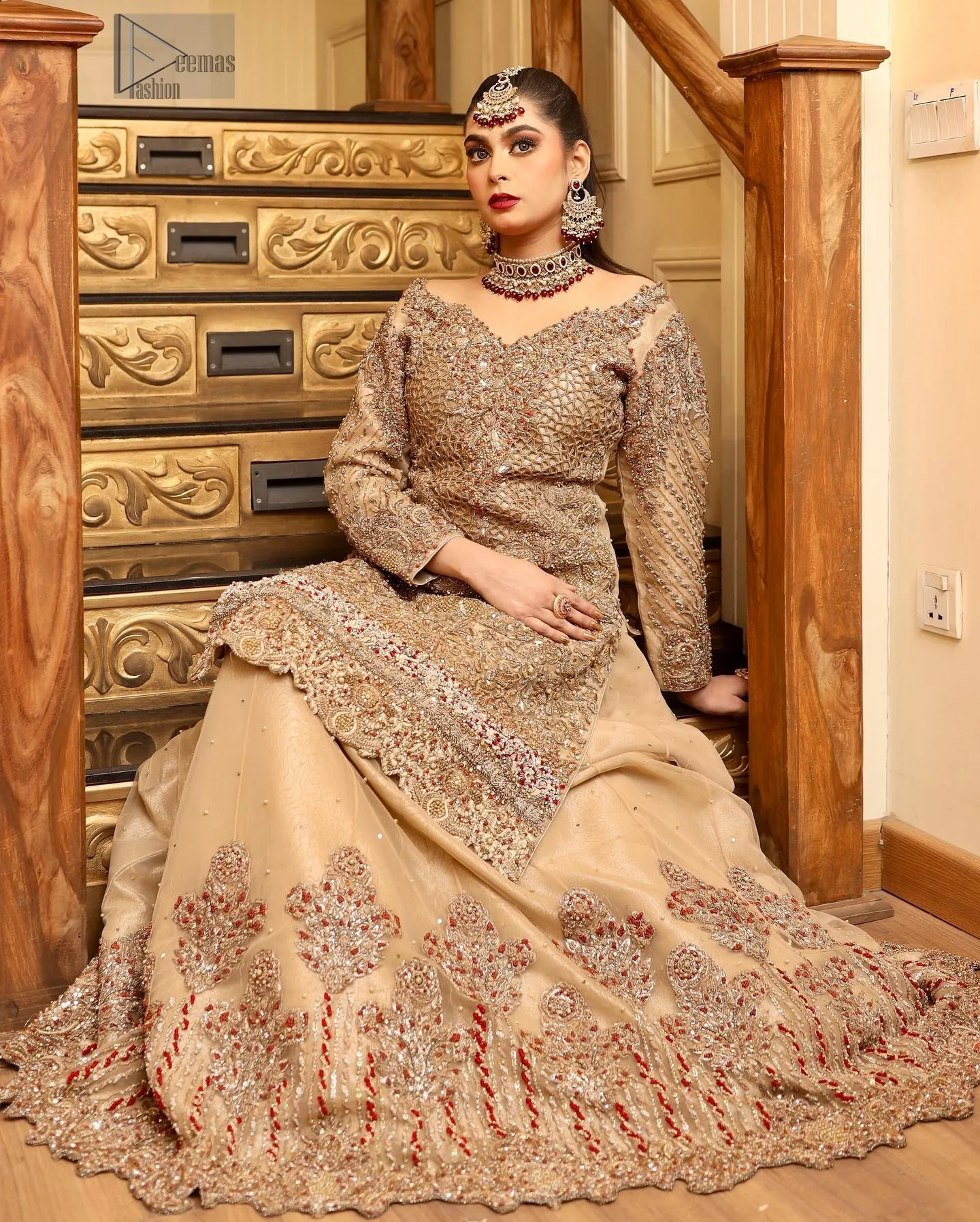 Beige Scalloped Shirt Can Can Lehenga envelops you in understated beauty, perfect for your Nikah day.