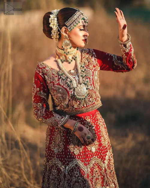 With its dramatic flare and intricate net and organza fabrics, the flowing lehenga creates a stunning, ethereal effect as you