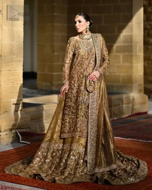 Full Bridal Silhouette: Full-length view of the Bronze Gold Long Shirt and Farshi Lehenga, a royal ensemble in Katan Banarsi